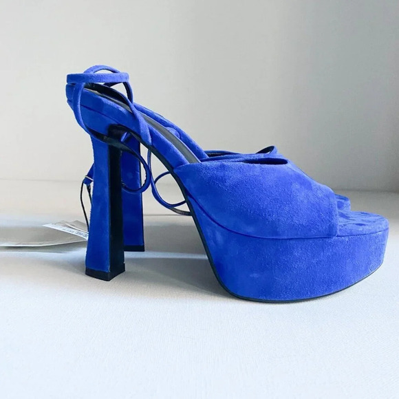 Zara Suede Blue High  Heel Platform Open Tie Tie Ankle Heels 40 - Picture 2 of 8